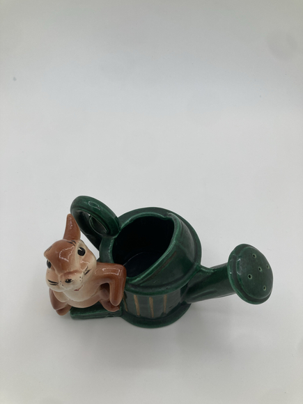 Vintage Ceramic Bunny on Watering Can Planter – Green & Brown Mid-Century - Picture 4 of 5
